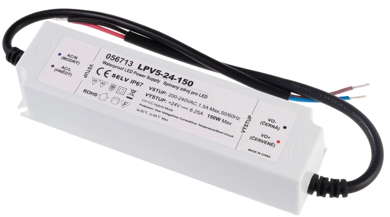 Voděodolný LED napájecí zdroj 24V 144W IP67 GLP série 150W pro venkovní instalace LED pásků